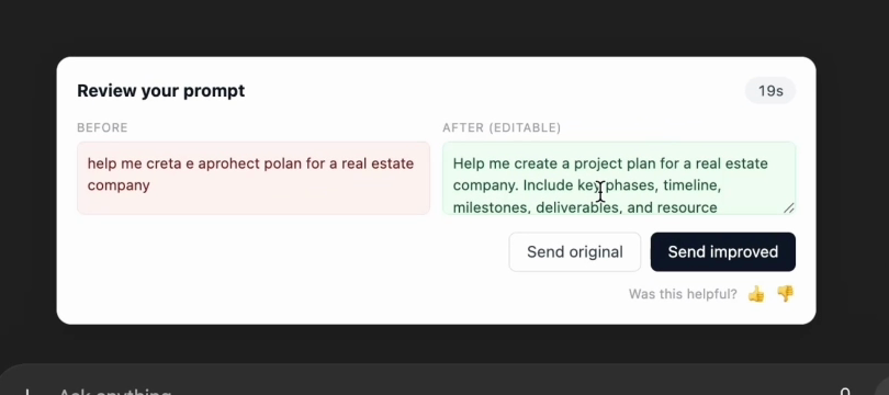 Behtar's Review your prompt panel on ChatGPT with before and after versions, Send original and Send improved buttons, and a countdown timer