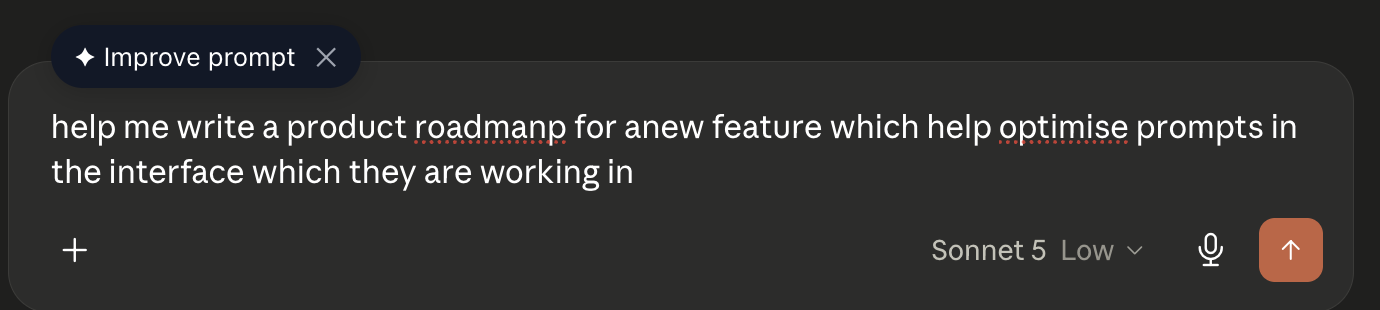 Behtar's Improve prompt chip appearing above a weak, typo-ridden prompt in Claude's input box